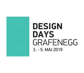 Logo der Design Days Grafenegg 2019, links ein vertikales Rechteck in türkis, daneben Schriftzug mit Datum