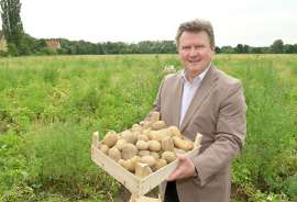 Bürgermeister Michael Ludwig - im Bild mit einer Steige Erdäpfel - appelliert, regionale Produkte wie zum Beispiel Erdäpfel aus Wiener Landwirtschaftsbetrieben zu kaufen.