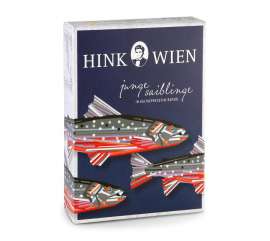 Photo der Dose in der Verpackung, die stylisierte Saiblinge zeigt, darüber der Schriftzug 'junge saiblinge...' und das Hink Logo ganz oben.