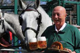 Riding Stelze: Ein Schweizerhaus-Kellner mit zwei Krügeln Budweiser und einer Portion Stelze vor dem Zeiserlwagen mit zwei Schimmeln