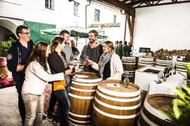 Eine Gruppe junger Leute verkostet im Freien Wein