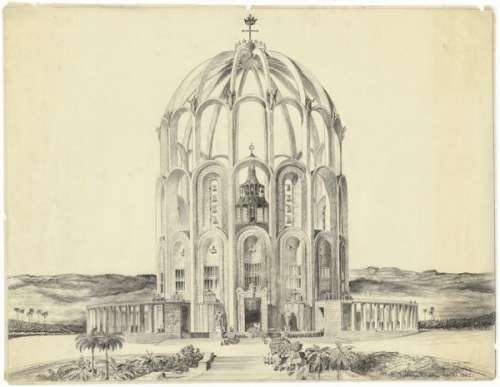 Clemens Holzmeister: Perspektivansicht der Kathedrale von Belo Horizonte,1942, 1948 und 1950 Kohle