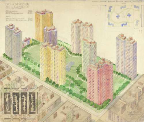 Anton Franck: Vogelperspektive und Lageplan zum Projekt Slum Clearance in Manhattan, New York,1942 Bleistift, aquarelliert