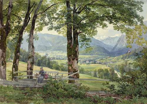 Joseph Höger Blick auf Ischl vom Sophienplatz, um 1836 Aquarell