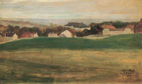 Egon Schiele Wiesenlandschaft mit Häusern, 1907