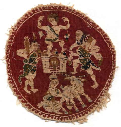 Textiles Medaillon mit Kelterszene; Textilbild Bastfaser (Leinen?), Wolle Ägypten, 4. – 5. Jh. n. Chr.