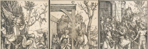 Ausschnitte aus dem Marienleben (links und Mitte) bzw. der Großen Passion (rechts). Albrecht Dürer & Benedictus Chelidonius: Epitome in Divae Parthenices Mariae historiam bzw. Dies.: Passio domini nostri Jesu (beide Nürnberg, 1511)