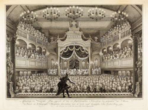 DIE AMSTERDAMER SCHAUBURG 1768 - Theater im Kerzenschein, Kupferstich