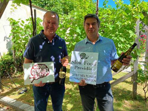 Hans Czerny und Fritz Wieninger freuen sich über die gemeinsame Präsentation der Slow Food Presidi Roter Veltliner Donauterrassen und Wiener Gemischter Satz bei der Schneckenpartie am 29. August 2021.