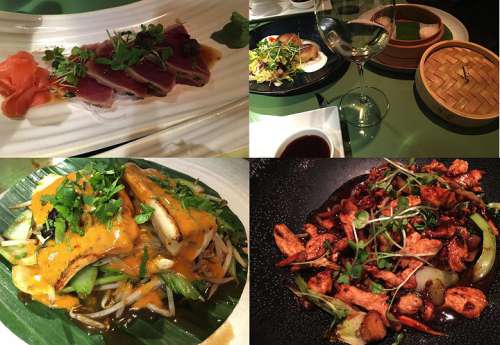 Speisenbeispiele, von oben links im Uhrzeigersinn Tuna Tataki, Shanghainese Moon Cake und Har Gau, Kung Pao Chicken, Thai Seabass Curry