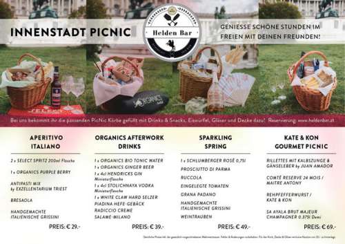 Flyer mit vier Beispiel-Picknickkörben inklusive Photo, Inhalt und Preis