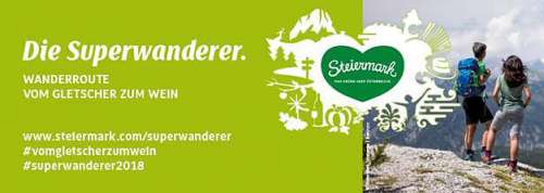 Plakat zum Superwanderer mit Links, Tags und dem grünen Herz-Logo der Steiermark Tourismus