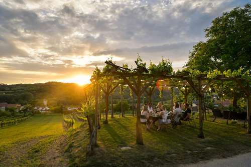 Abenddämmerung, an einem Tisch in einer Laube mitten im Garten verkostet eine Gruppe